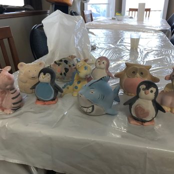 Clay for Kids - The array of finished/painted sculptures from the party! They have to go back to the studio to be fired in the kiln and we'll get them back - Art Classes Near Me - Calgary, Alberta