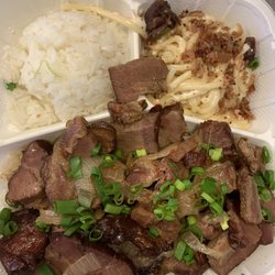 Eat my Meat LLC - Smoke meat on bed of rice, mac salad, and scoop rice.
