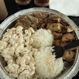 Large bowl 2 teriyaki chicken, kalua pig, 2 sides of macaroni salad