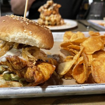 Westside Social - Hot Honey Chicken Sandwich with chips - American Near Me - Grand Rapids, Michigan