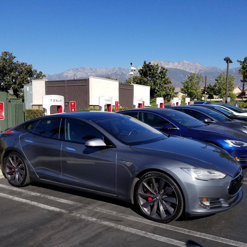 Picturesque mountains in the background of the superchargers in Rancho Cucamonga.