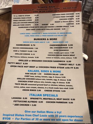 Menu photo 4 Trails Inn Restaurant Gainesville, TX