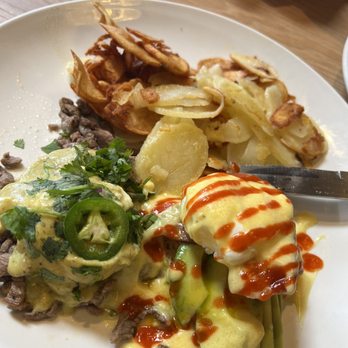 Broken Yolk Cafe - You pick two Benedict. Border and Golden State. The sweet corn cake on the boarder is yummmmm - Breakfast & Brunch Near Me - Santee, California