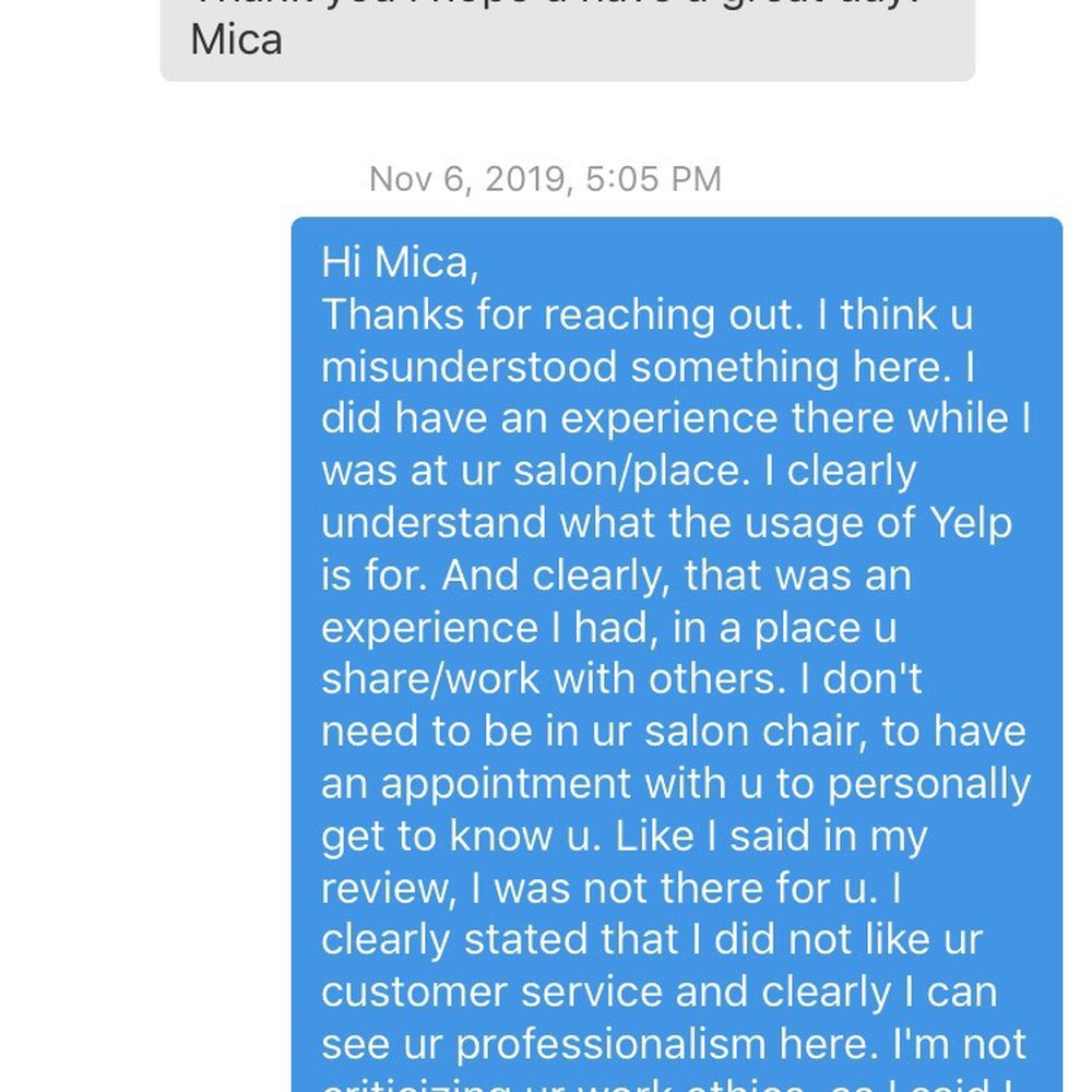 Hair By Mica Jayde - Mica asks me to take down my review of her part 2 of 3 message - Hair Stylists Near Me - Clovis, California Hair By Mica Jayde - Mica asks me to take down my review of her part 2 of 3 message - Hair Stylists Near Me - Clovis, California