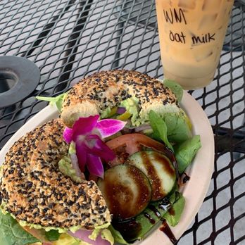 Rekindle Coffee - Everything bagel sandwich, side salad and white mocha with oat milk - Cafes Near Me - Orange, California