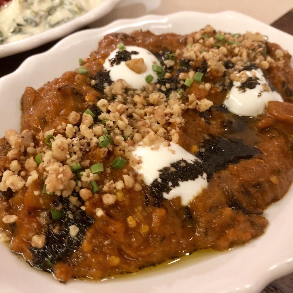 Sofreh - Eggplant Spread – Grilled Eggplant, Caramelized Onions, Yogurt, Walnut, Mint - Persian/Iranian Near Me - Brooklyn, New York Sofreh - Eggplant Spread – Grilled Eggplant, Caramelized Onions, Yogurt, Walnut, Mint - Persian/Iranian Near Me - Brooklyn, New York