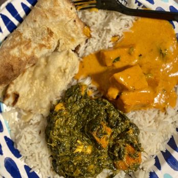 Karma Kitchen - Chicken Tikka Masala and Chicken Tikka Saag curries with rice and Garlic Naan - Indian Near Me - Fruita, Colorado