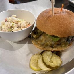 Hatch chili burger with a side of coleslaw. Plus pickles! Hatch chili burger with a side of coleslaw. Plus pickles!