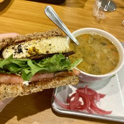 Nassau Health Foods - Half a Tofu BLT sandwich and bean and kale soup (and pickled onions)