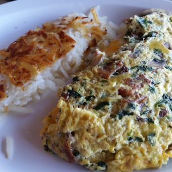 Janet's Cafe and Deli - Spinach omelet with mushrooms, bacon, and cheddar cheese. Served with hash browns - New American Near Me - Santee, California Janet's Cafe and Deli - Spinach omelet with mushrooms, bacon, and cheddar cheese. Served with hash browns - New American Near Me - Santee, California
