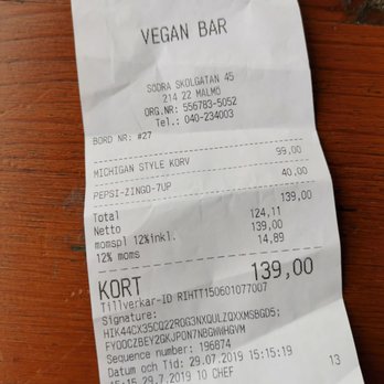 Vegan Bar - Kvitto för korv - Vegan Near Me - Malmö, M