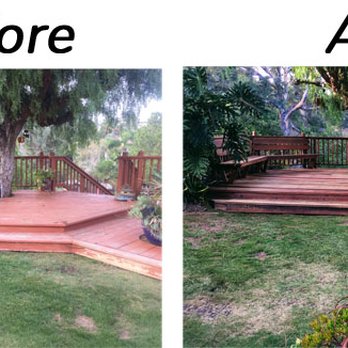 Deck Doctor - Deck in Tierrasanta before and after photo. Previous deteriorating red stain was removed, then deck was finished in a natural tone sealer. - Pressure Washers Near Me