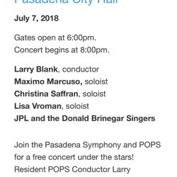 Music Under The Stars - Free Outdoor Concert Pasadena Symphony July 7th 2018 @ Pasadena City Hall Gates open @ 6PM Concert @ 8 PMMusic under The Stars