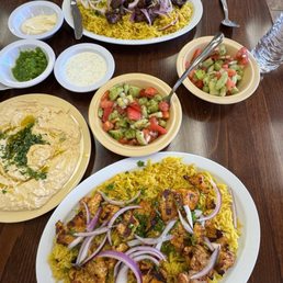 Chicken Kabob, Gyro Lamb with Rice, salads and side of Hummus Dip - everything was delicious!