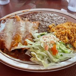 Colima - Chicken enchiladas with rice, beans, and salad