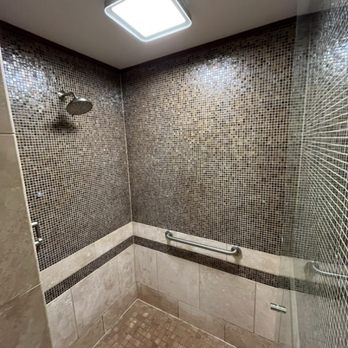 Elite Tile & Remodel - After: New side-wall shower head and updated / modern ceiling fan with pristine patch-up of both the ceiling and the tile - Flooring Near Me - West Linn, Oregon Elite Tile & Remodel - After: New side-wall shower head and updated / modern ceiling fan with pristine patch-up of both the ceiling and the tile - Flooring Near Me - West Linn, Oregon