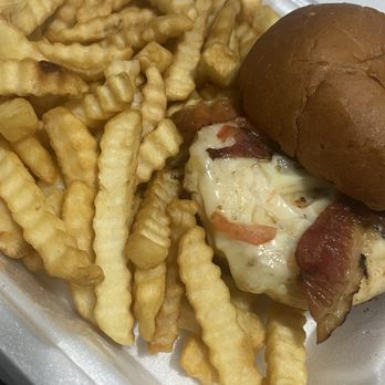 Shorty's BBQ - Chicken Bacon Melt with fries on the side - Barbeque Near Me - Davie, Florida Shorty's BBQ - Chicken Bacon Melt with fries on the side - Barbeque Near Me - Davie, Florida