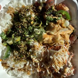 Limu Tuna, Tunavacado, white rice, jalapeño, cilantro, double honey crab, unagi sauce, furikaki, green onions, and blazing sauce. Limu Tuna, Tunavacado, white rice, jalapeño, cilantro, double honey crab, unagi sauce, furikaki, green onions, and blazing sauce.