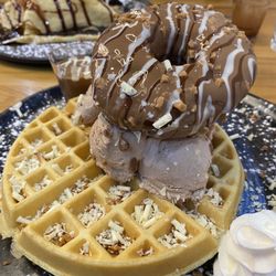 D Spot Dessert Cafe - Sweet Destruction A Belgian waffle with hazelnut crunch ice cream and a Belgian Donut