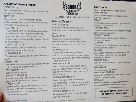 Menu photo 2 Sonora Mexican kitchen and bar Minneapolis, MN Menu photo 2 Sonora Mexican kitchen and bar Minneapolis, MN