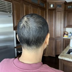 Black Mountain Barber Shop - Ignore the cowlick -- that's me, not her! Nice cleanup at the base of the neck and behind the ears.