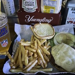 Art's Place - IPA, fries, toasted bun, pickles, onions, lettuce, hog burger double pepper jack cheese, condiments kept refrigerated