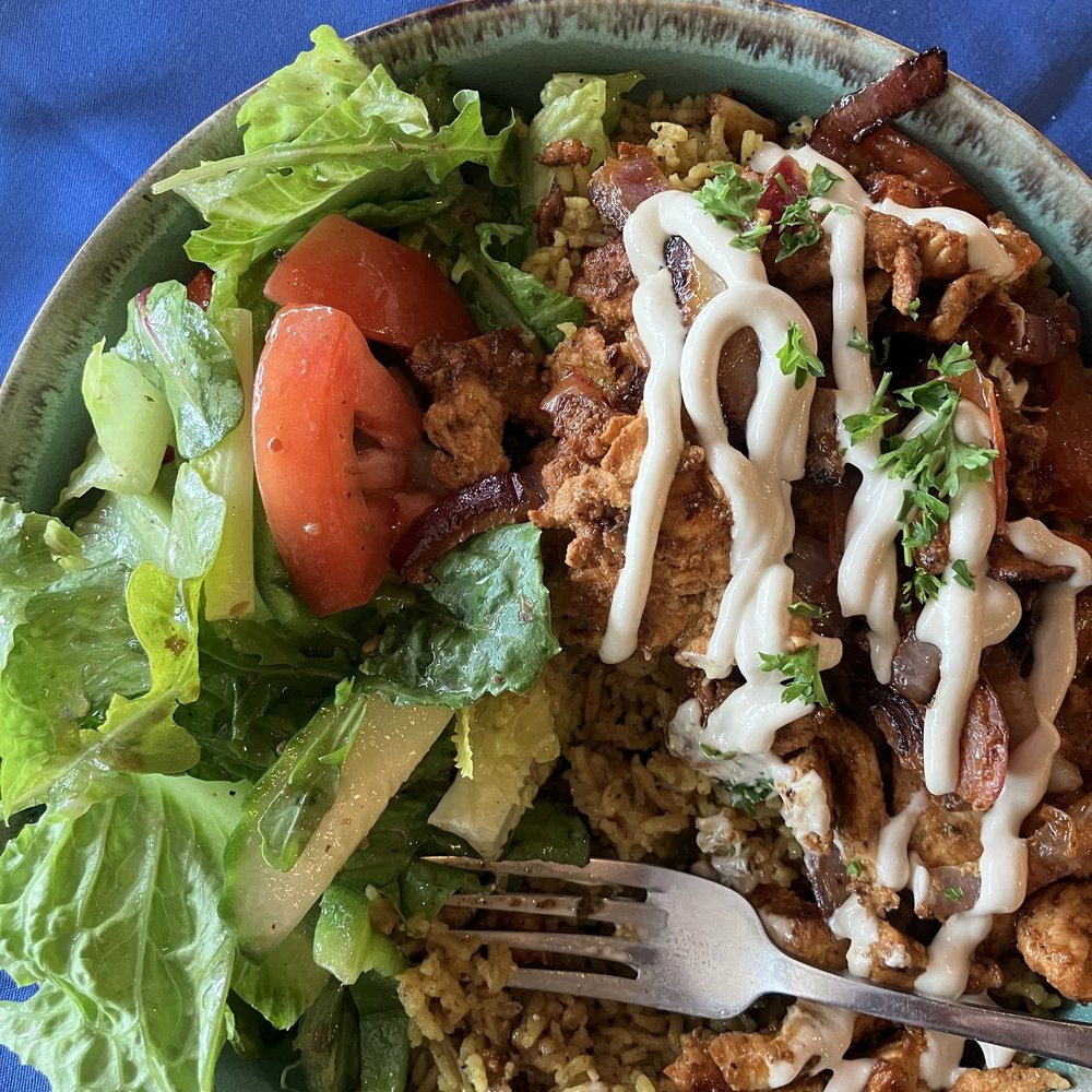 Zaytoon - Chicken gyro bowl. Delicious spicy chicken on a bed of rice with salad also in the bowl. - Mediterranean Near Me - West Hartford, Connecticut Zaytoon - Chicken gyro bowl. Delicious spicy chicken on a bed of rice with salad also in the bowl. - Mediterranean Near Me - West Hartford, Connecticut
