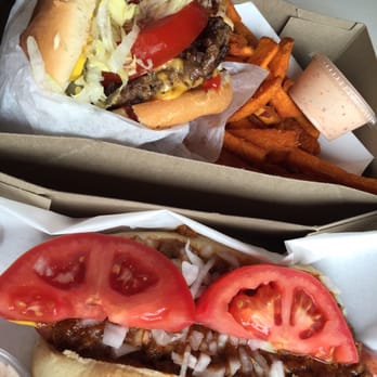 Carney's Restaurant - 1/2 lb. cheeseburger, chili dog and sweet potato fries. - Burgers Near Me - Los Angeles, California