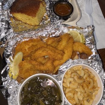 BB's Cafe - Catfish plate with 2 sides: Collard greens, Mac & Cheese as-well as a separate side of cornbread. Tartar and hot sauce. - Soul Food Near Me - Covina, California