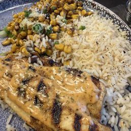 BRANZINO (SEA BASS) , WHITE RICE, and FIRE ROASTED STREET CORN