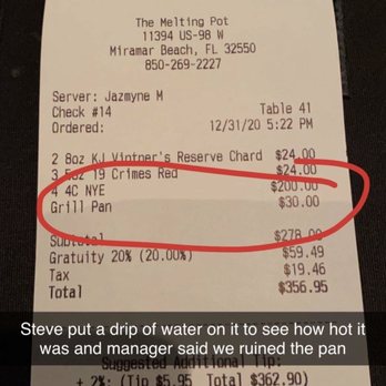 The Melting Pot - Charged for a drip of water on pan that they said ruined it - Fondue Near Me - Destin, Florida The Melting Pot - Charged for a drip of water on pan that they said ruined it - Fondue Near Me - Destin, Florida