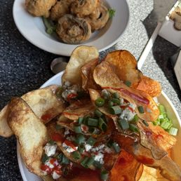 Loaded potato chips and tempura mushrooms Loaded potato chips and tempura mushrooms