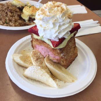 Button Up Cafe - Strawberry cream cheese stuffed French toast with bananas.... So yum - Breakfast & Brunch Near Me - Pearl City, Hawaii