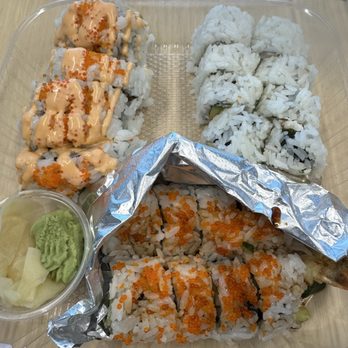 KatsuMe Sushi - Takeout California roll (upper right), Three Amigos roll (upper left) and Dancing Ebi roll (bottom) (Jan 2026) - Sushi Bars Near Me - Pleasanton, California KatsuMe Sushi - Takeout California roll (upper right), Three Amigos roll (upper left) and Dancing Ebi roll (bottom) (Jan 2026) - Sushi Bars Near Me - Pleasanton, California