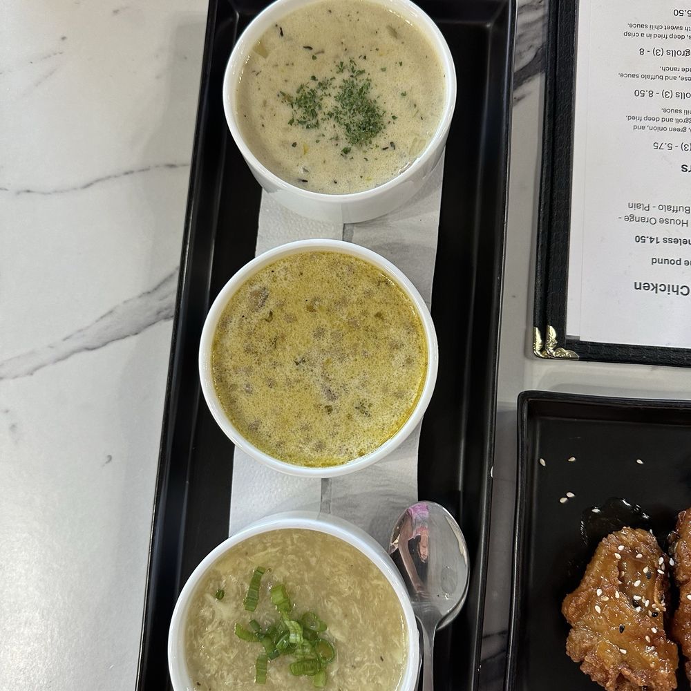 Asian Seoul's Copa Kitchen - Soup trio - changes daily. This is clam chowder, sausage and potato, and egg drop - Asian Fusion Near Me - Maricopa, Arizona Asian Seoul's Copa Kitchen - Soup trio - changes daily. This is clam chowder, sausage and potato, and egg drop - Asian Fusion Near Me - Maricopa, Arizona