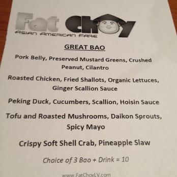 Fat Choy - Bao options for their 3 bao + 1 drink combo - New American Near Me - Las Vegas, Nevada Fat Choy - Bao options for their 3 bao + 1 drink combo - New American Near Me - Las Vegas, Nevada