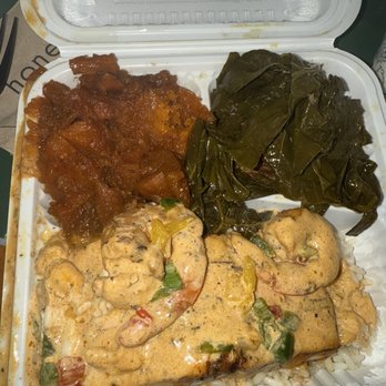 The Carolina Kitchen - Yams collards and salmon with Shrimp on top - Seafood Near Me - Owings Mills, Maryland The Carolina Kitchen - Yams collards and salmon with Shrimp on top - Seafood Near Me - Owings Mills, Maryland