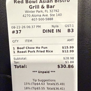 Red Bowl - Receipt - Asian Fusion Near Me - Winter Park, Florida