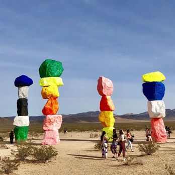 Seven Magic Mountains - Seven Magic Mountain on cloudy day - Public Art Near Me - Las Vegas, Nevada Seven Magic Mountains - Seven Magic Mountain on cloudy day - Public Art Near Me - Las Vegas, Nevada