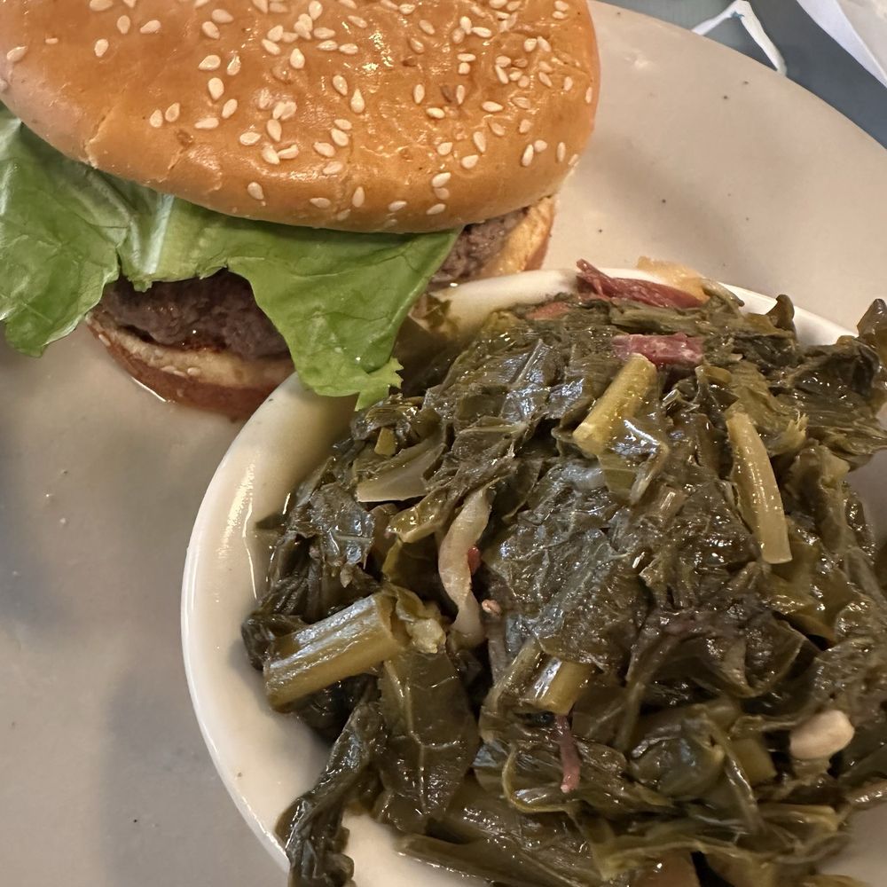 High Hat Cafe - Pimiento burger with collard greens. - Southern Near Me - New Orleans, Louisiana