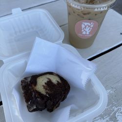 Isla Made Local Goods + Cafe - Iced oat milk latte and an orange cardamom chocolate cake (vegan and GF)