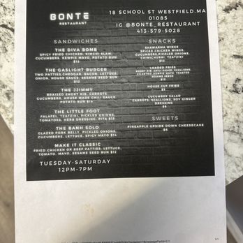 Bonte Restaurant - Menu - Sandwiches Near Me - Westfield, Massachusetts
