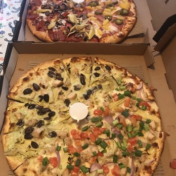 Pizza Guys - 1: 1/2 Canadian bacon, pineapple, jalapeño & 1/2 pepperoni, mushroom, artichoke 2: 1/2 Creamy Chicken Pesto & 1/2 Tuscan Garlic Chicken - Pizza Near Me - Apple Valley, California Pizza Guys - 1: 1/2 Canadian bacon, pineapple, jalapeño & 1/2 pepperoni, mushroom, artichoke 2: 1/2 Creamy Chicken Pesto & 1/2 Tuscan Garlic Chicken - Pizza Near Me - Apple Valley, California