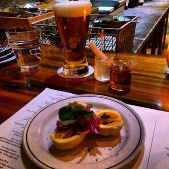 Woodberry Kitchen - Beet deviled eggs and a pickle back - American Near Me - Baltimore, Maryland