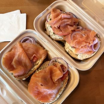 Shug's Bagels - We both got open lox everything bagel sandwiches! The bagels are nice and fluffy. Not your usual dense NE bagel - Bagels Near Me - Austin, Texas