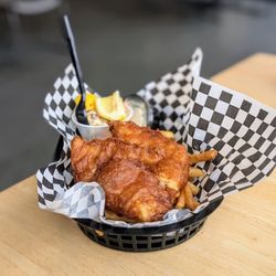 Port Fairhaven Fish & Chips - One cod, one halibut - super crispy and well-seasoned! IG - @bilalandjesseatfood