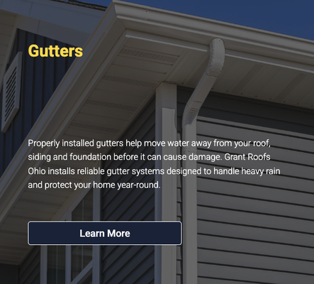 Gutter Installation - Properly installed gutters help move water away from your roof, siding and foundation before it can cause damage. Grant Roofs Ohio installs reliable gutter systems designed to handle heavy rain and protect your home year-round.