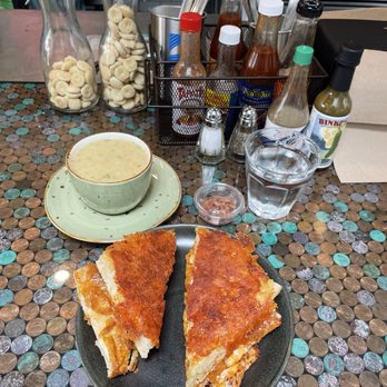 Rusty Ladle - Grilled cheese with Kim cheese and clam chowder akd bacon bits on the side! So good!! - Soup Near Me - San Francisco, California Rusty Ladle - Grilled cheese with Kim cheese and clam chowder akd bacon bits on the side! So good!! - Soup Near Me - San Francisco, California
