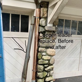 Spotless Gutter Cleaning & Repair - Old and new copper downspout replaced - Gutter Services Near Me - Mineola, New York Spotless Gutter Cleaning & Repair - Old and new copper downspout replaced - Gutter Services Near Me - Mineola, New York