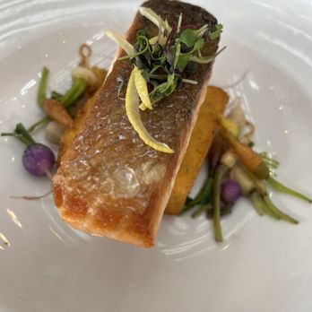 Creekside Grille Restaurant - Grilled salmon on herby polenta cakes - New American Near Me - Temecula, California
